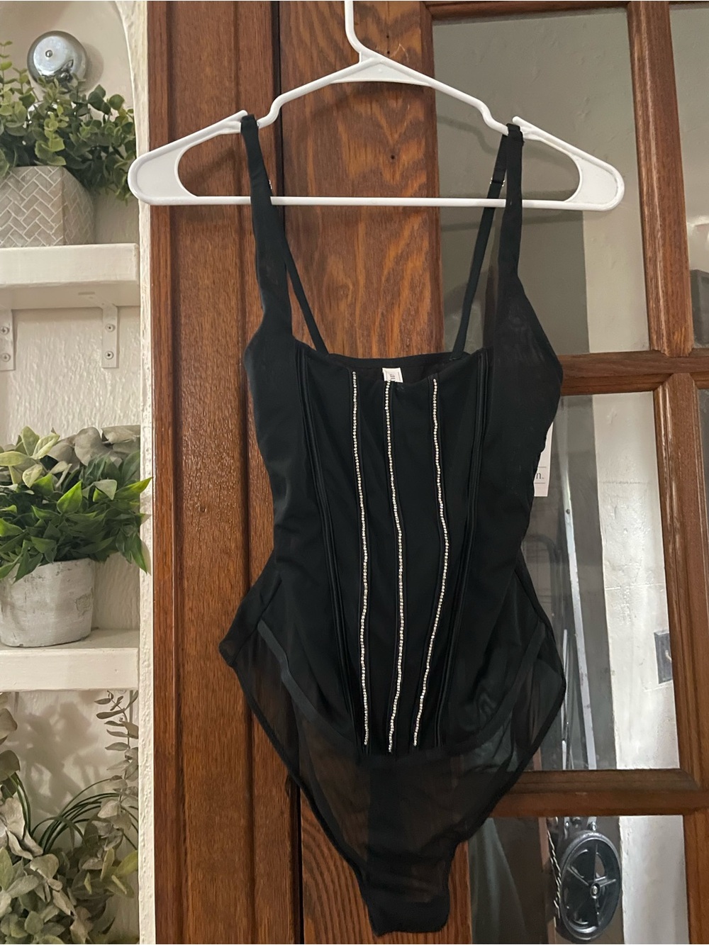 Auden Black Mesh Bodysuit with Rhinestone Accents